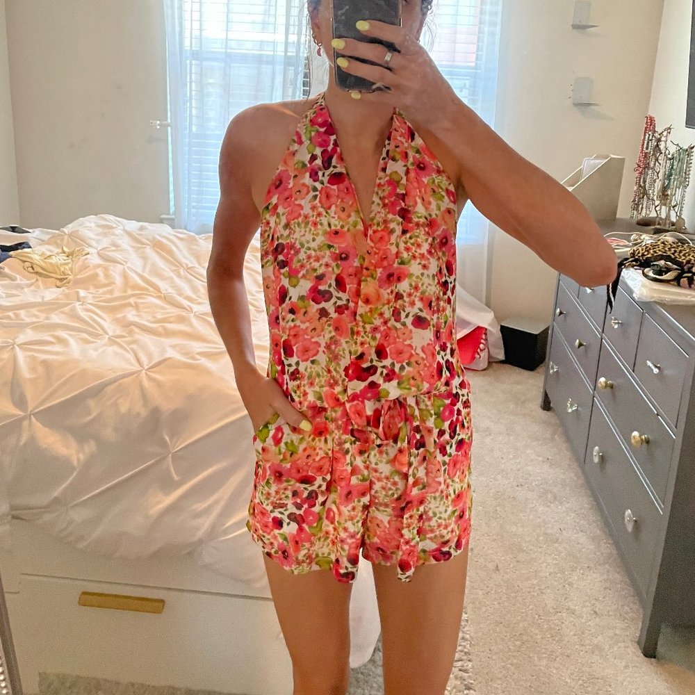 Floral halter/open back romper